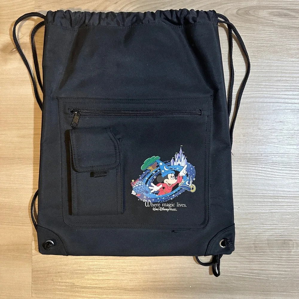 Disney World‎ Mickey Mouse Sorcerer Magic Drawstring Backpack Black Stash Bag